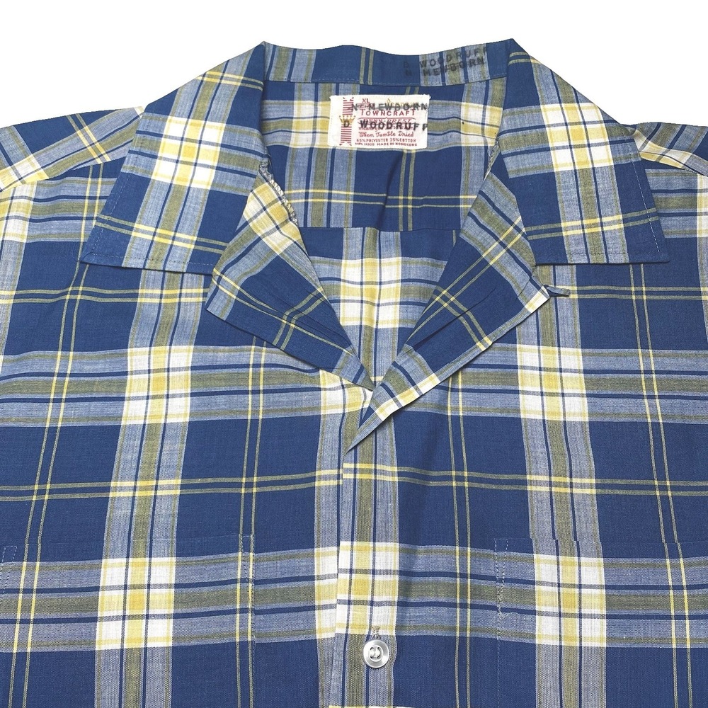 60s Pennys Towncraft Camp Shirt XL S/S Loop Collar Rockabilly Blue Plaid
